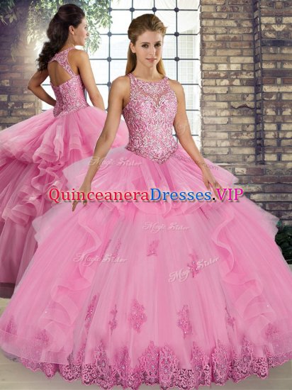 Hot Sale Floor Length Ball Gowns Sleeveless Rose Pink Sweet 16 Dress Lace Up - Click Image to Close