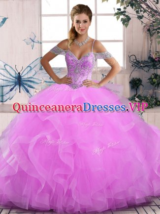 Best Selling Tulle Off The Shoulder Sleeveless Lace Up Beading and Ruffles Quinceanera Gown in Lilac