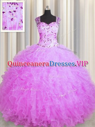 Sweet See Through Zipper Up Lilac Zipper Quinceanera Dress Beading and Ruffles Sleeveless Floor Length