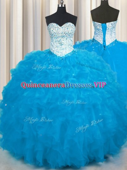 Baby Blue Ball Gowns Tulle Sweetheart Sleeveless Beading and Ruffles Floor Length Lace Up Quinceanera Dress - Click Image to Close