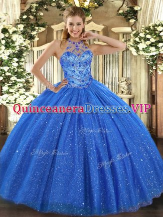 Blue Ball Gowns Halter Top Sleeveless Tulle Floor Length Lace Up Beading and Embroidery Sweet 16 Dress