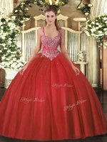 Floor Length Lace Up Quinceanera Dresses Coral Red for Military Ball and Sweet 16 and Quinceanera with Beading