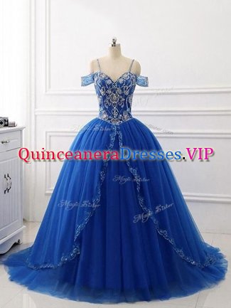 Sleeveless Beading Lace Up Quince Ball Gowns with Royal Blue Brush Train