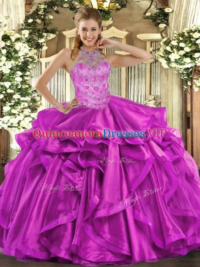 Fuchsia Ball Gowns Beading and Embroidery and Ruffles Quinceanera Gowns Lace Up Organza Sleeveless Floor Length - Click Image to Close