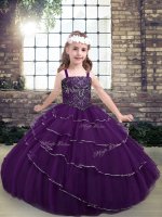 Eggplant Purple Straps Neckline Beading and Ruffled Layers Little Girls Pageant Dress Sleeveless Lace Up