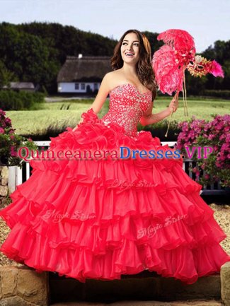 Dazzling Sleeveless Organza Floor Length Lace Up Sweet 16 Dresses in Coral Red with Beading and Ruffled Layers