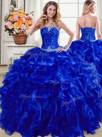 Royal Blue Organza Lace Up Quinceanera Gowns Sleeveless Floor Length Beading and Ruffles