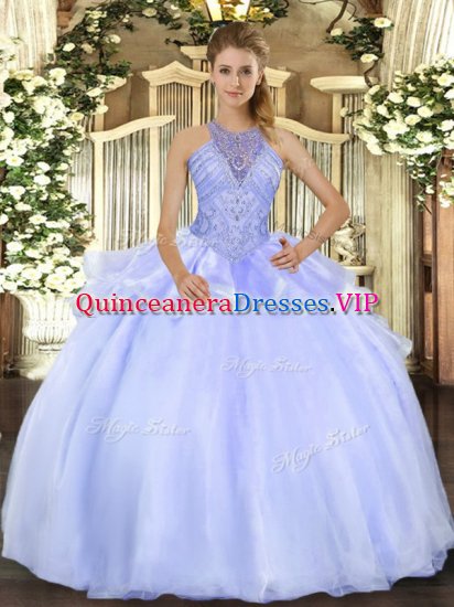 Halter Top Sleeveless Military Ball Dresses For Women Floor Length Beading Blue Organza - Click Image to Close