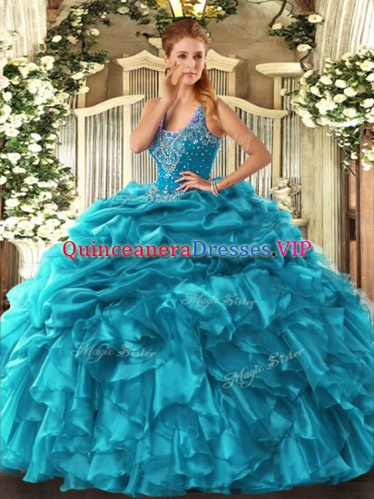 Traditional Teal Straps Neckline Beading and Ruffles and Pick Ups 15th Birthday Dress Sleeveless Lace Up - Click Image to Close