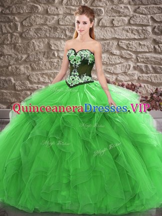 Sleeveless Tulle Floor Length Lace Up Sweet 16 Dress in Green with Beading and Embroidery