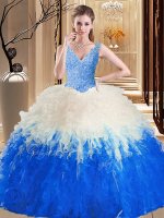 V-neck Sleeveless Zipper Vestidos de Quinceanera Blue And White Tulle