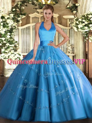 Baby Blue Ball Gowns Tulle Halter Top Sleeveless Appliques Floor Length Lace Up Quince Ball Gowns