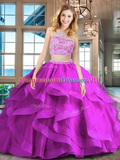 Deluxe Scoop Backless Fuchsia Sleeveless Brush Train Beading and Ruffles With Train Quinceanera Dresses - Click Image to Close