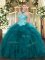 Inexpensive Teal Ball Gowns Appliques and Ruffles Quinceanera Dress Lace Up Organza Sleeveless Floor Length