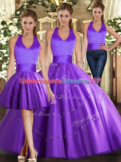 Sexy Purple Ball Gowns Tulle Halter Top Sleeveless Beading Floor Length Lace Up Quinceanera Dress - Click Image to Close