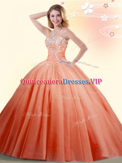 Orange Red Ball Gown Prom Dress Military Ball and Sweet 16 and Quinceanera with Beading Sweetheart Sleeveless Lace Up - Click Image to Close