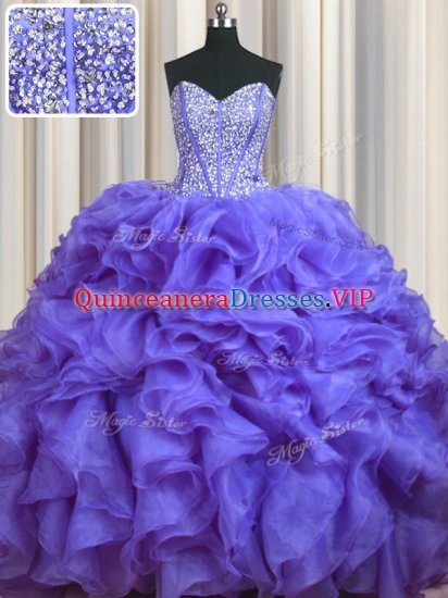 Spectacular Bling-bling Lavender Organza Lace Up 15 Quinceanera Dress Sleeveless With Brush Train Beading and Ruffles - Click Image to Close