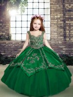 Superior Dark Green Ball Gowns Beading and Embroidery Kids Pageant Dress Lace Up Tulle Sleeveless Floor Length(SKU PAG1256-7BIZ)