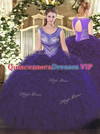 Wonderful Purple Lace Up Scoop Beading and Ruffles Vestidos de Quinceanera Organza Sleeveless