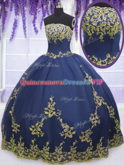 Sumptuous Sleeveless Floor Length Appliques Zipper Quinceanera Dresses with Navy Blue - Click Image to Close