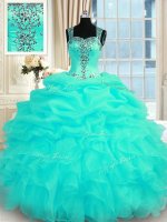 Artistic Turquoise Sleeveless Floor Length Beading and Ruffles Zipper Quinceanera Dress