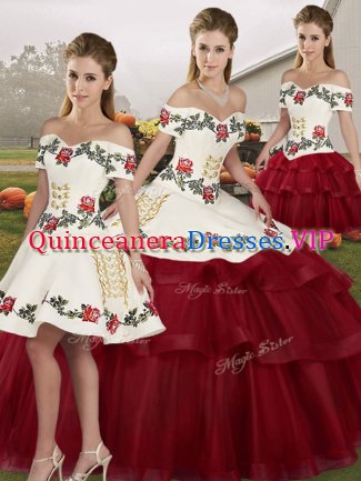 Sweet Off The Shoulder Sleeveless Brush Train Lace Up Quinceanera Gowns Wine Red Tulle