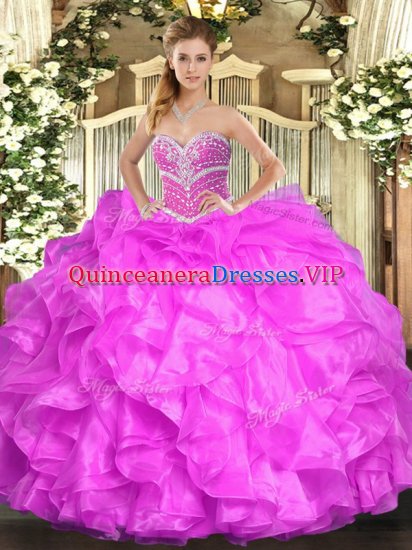 Sweetheart Sleeveless Sweet 16 Quinceanera Dress Floor Length Beading and Ruffles Fuchsia Organza - Click Image to Close