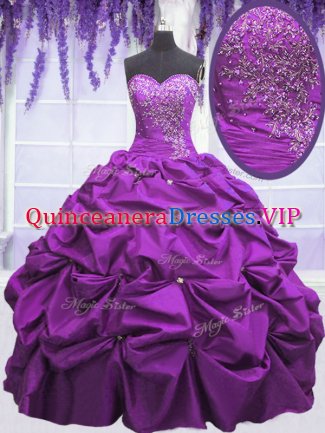 Purple Taffeta Lace Up 15 Quinceanera Dress Sleeveless Floor Length Appliques and Pick Ups