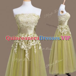 Super Tea Length Lace Up Vestidos de Damas Olive Green for Prom and Party and Wedding Party with Appliques