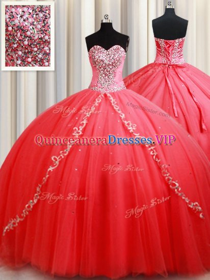 Sweetheart Sleeveless Ball Gown Prom Dress Floor Length Beading and Appliques Coral Red Tulle - Click Image to Close