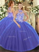 Great Sleeveless Tulle Floor Length Lace Up Sweet 16 Dress in Blue with Embroidery