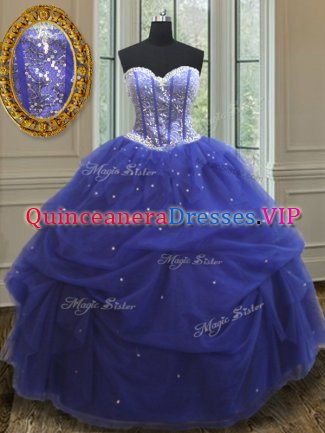 Blue Sleeveless Beading and Sequins Floor Length Sweet 16 Dresses