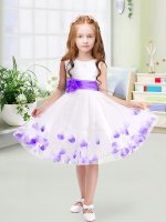 White A-line Appliques and Belt Kids Formal Wear Zipper Tulle Sleeveless Knee Length(SKU YCLD067-2BIZ)