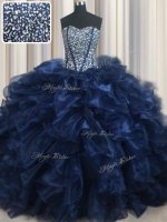 Visible Boning Bling-bling With Train Ball Gowns Sleeveless Navy Blue 15th Birthday Dress Brush Train Lace Up