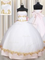 White Ball Gowns Strapless Sleeveless Satin Floor Length Lace Up Beading and Appliques and Bowknot Sweet 16 Quinceanera Dress