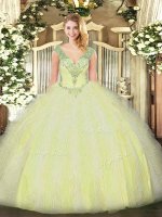 Dynamic V-neck Sleeveless Lace Up Quinceanera Dresses Yellow Green Tulle(SKU SJQDDT1245002-3BIZ)