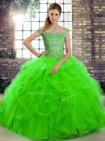 Sleeveless Beading and Ruffles Lace Up Sweet 16 Dresses with Green Brush Train