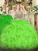 Captivating Two Pieces Scoop Sleeveless Organza Floor Length Lace Up Beading and Ruffles Vestidos de Quinceanera