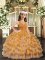 Sleeveless Floor Length Ruffles and Ruffled Layers Zipper Little Girls Pageant Gowns with Gold