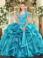 Aqua Blue Sleeveless Beading and Ruffles Floor Length 15th Birthday Dress