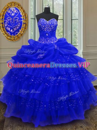 Captivating Royal Blue Lace Up Vestidos de Quinceanera Beading and Ruffled Layers and Pick Ups Sleeveless Floor Length