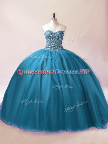 Ball Gowns 15th Birthday Dress Teal Sweetheart Tulle Sleeveless Floor Length Lace Up - Click Image to Close