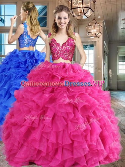 Captivating Hot Pink Zipper V-neck Lace and Ruffles Quince Ball Gowns Organza Sleeveless - Click Image to Close