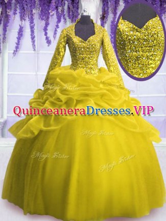 Superior Yellow Organza Zipper Ball Gown Prom Dress Long Sleeves Floor Length Sequins and Pick Ups