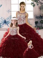 Burgundy Quinceanera Dress Military Ball and Sweet 16 and Quinceanera with Beading and Ruffles Scoop Sleeveless Lace Up