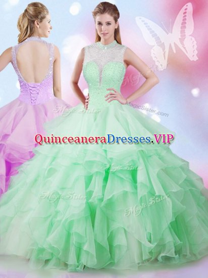 New Arrival Apple Green Ball Gowns High-neck Sleeveless Tulle Floor Length Lace Up Beading and Ruffles 15th Birthday Dress - Click Image to Close