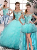 Beading and Ruffles Vestidos de Quinceanera Aqua Blue Lace Up Sleeveless