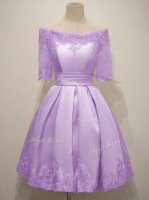 Simple Lavender Taffeta Lace Up Damas Dress Short Sleeves Knee Length Lace