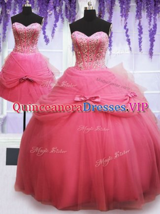 Three Piece Rose Pink Ball Gowns Sweetheart Sleeveless Tulle Floor Length Lace Up Beading and Bowknot Quinceanera Dress