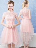 Baby Pink Court Dresses for Sweet 16 Prom and Party and Wedding Party with Lace and Belt High-neck Short Sleeves Zipper